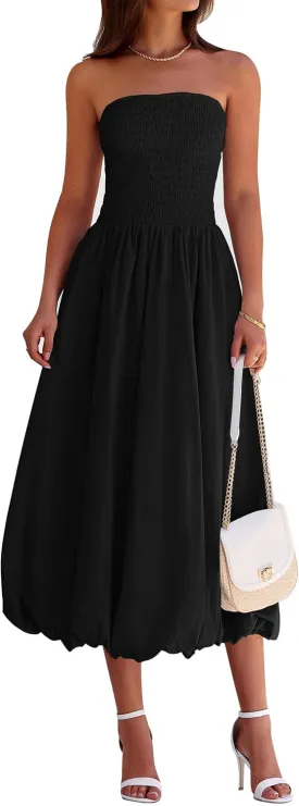 PRETTYGARDEN Women's 2025 Summer Strapless Tube Midi Dress Smocked A Line Bubble Long Flowy Casual Elegant Party Dresses