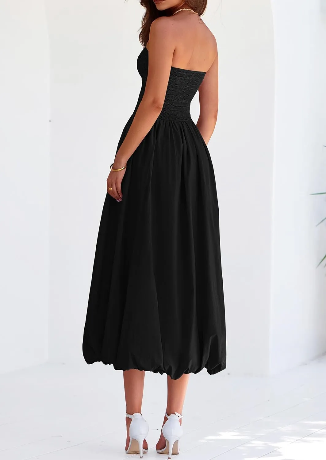 PRETTYGARDEN Women's 2025 Summer Strapless Tube Midi Dress Smocked A Line Bubble Long Flowy Casual Elegant Party Dresses