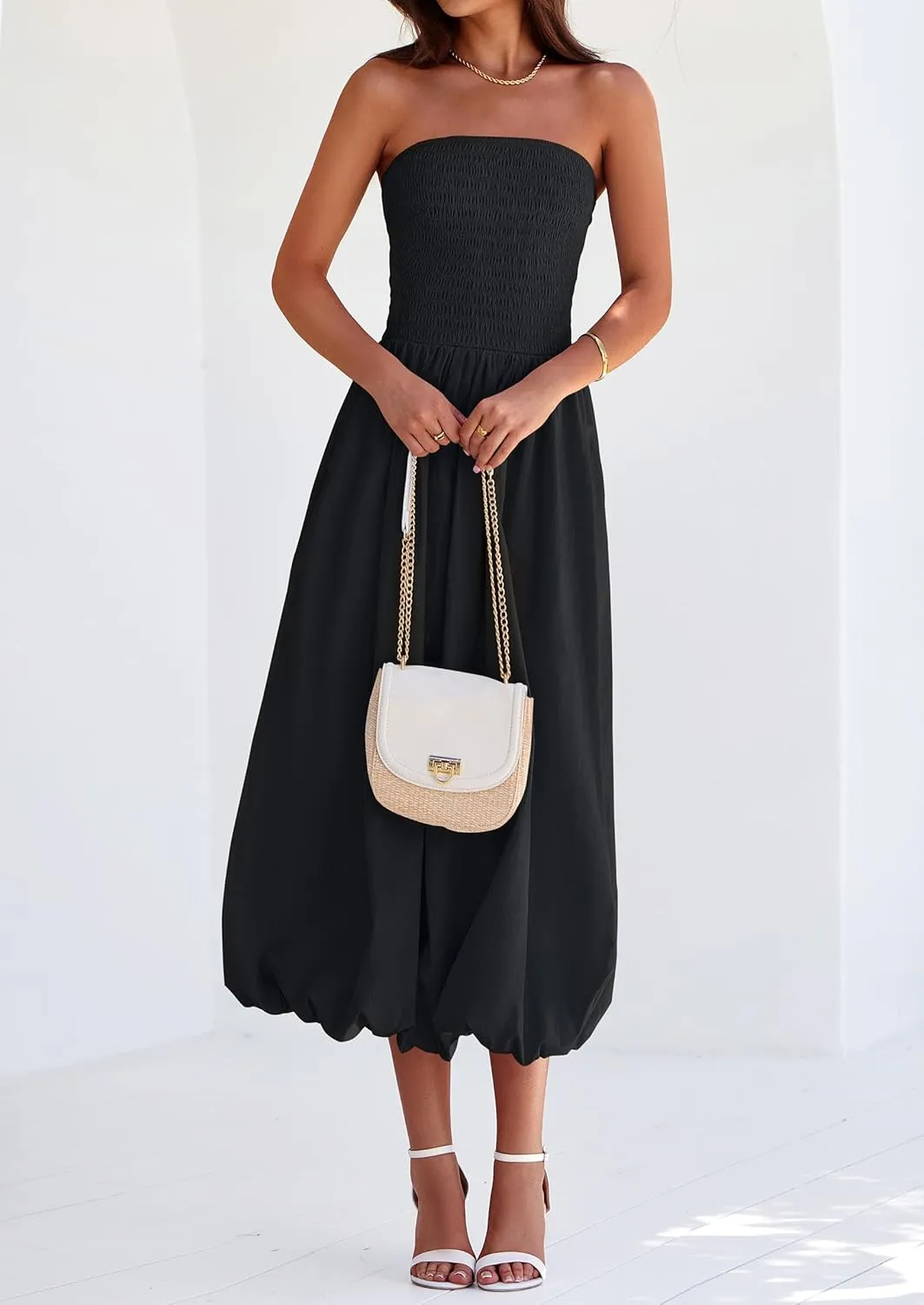 PRETTYGARDEN Women's 2025 Summer Strapless Tube Midi Dress Smocked A Line Bubble Long Flowy Casual Elegant Party Dresses