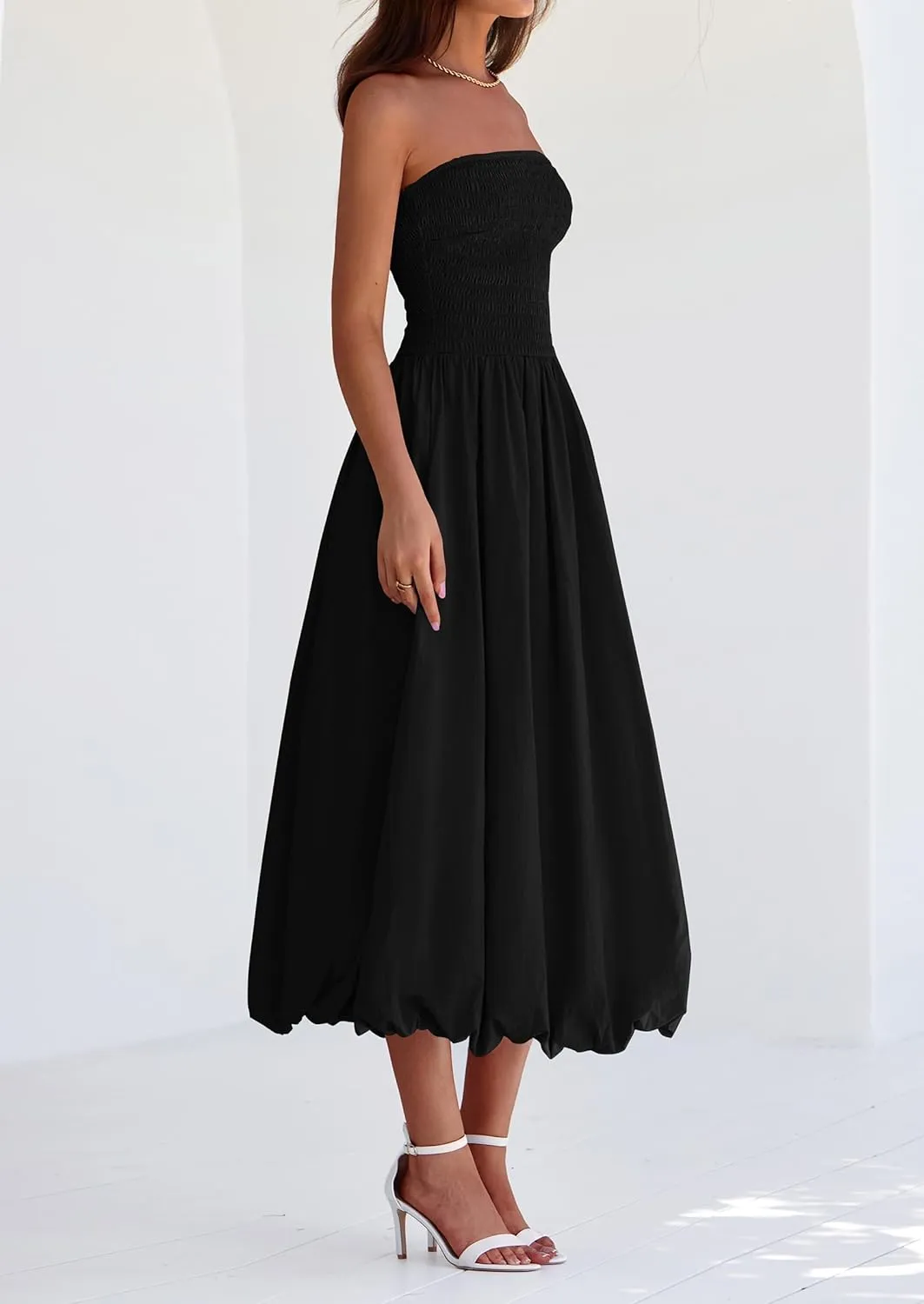 PRETTYGARDEN Women's 2025 Summer Strapless Tube Midi Dress Smocked A Line Bubble Long Flowy Casual Elegant Party Dresses