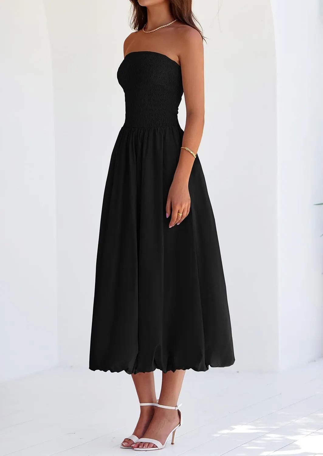 PRETTYGARDEN Women's 2025 Summer Strapless Tube Midi Dress Smocked A Line Bubble Long Flowy Casual Elegant Party Dresses