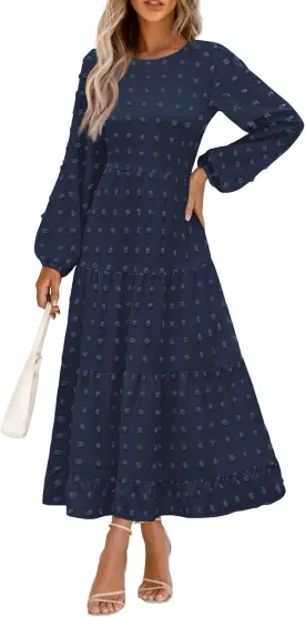 PRETTYGARDEN Women's Fall Spring Elegant Long Sleeve Maxi Dress Swiss Dot A Line Flowy Casual Holiday Party Going Out Dresses