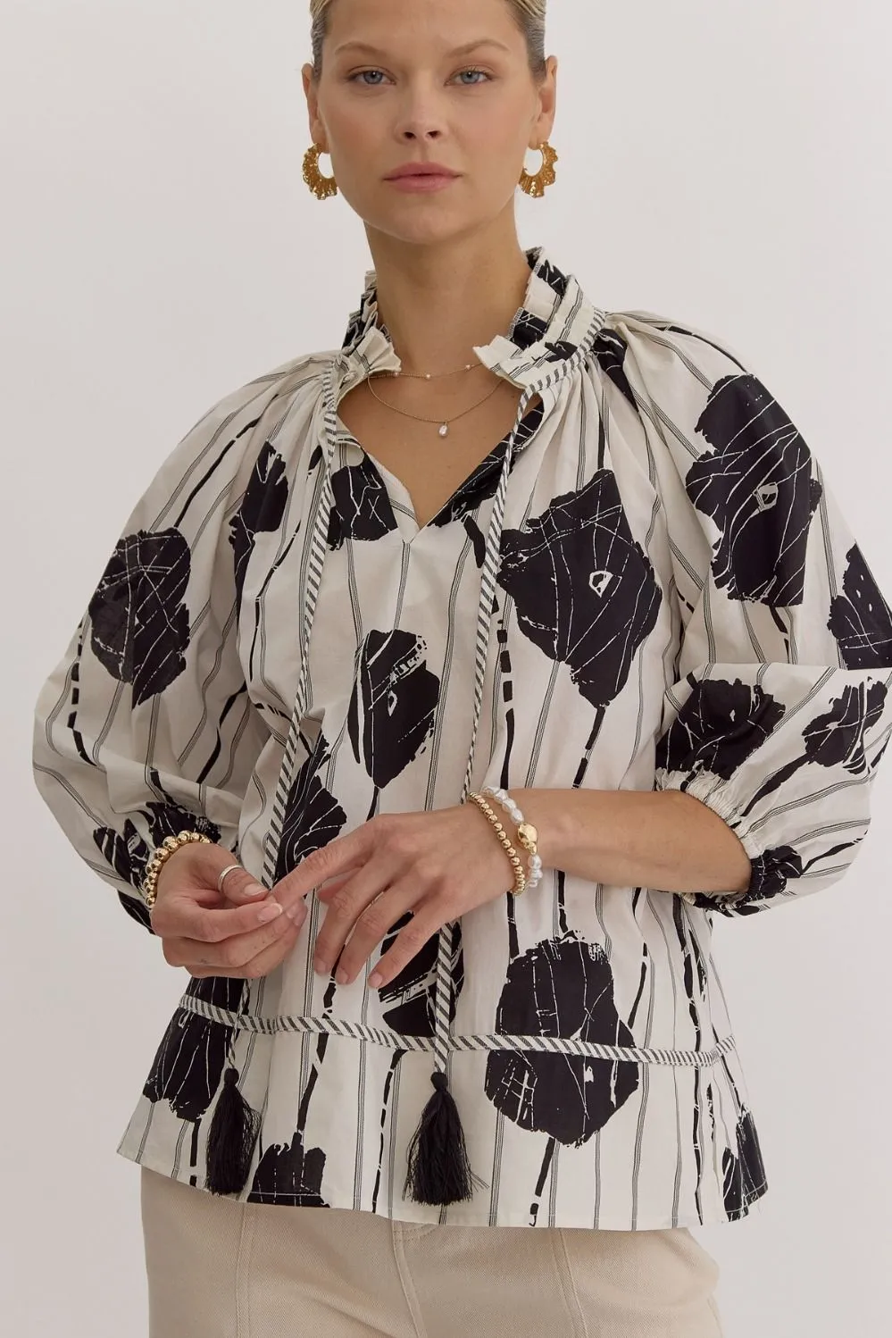 Printed V-neck Top - Black
