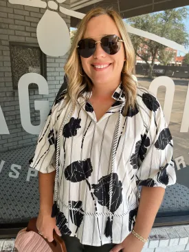 Printed V-neck Top - Black