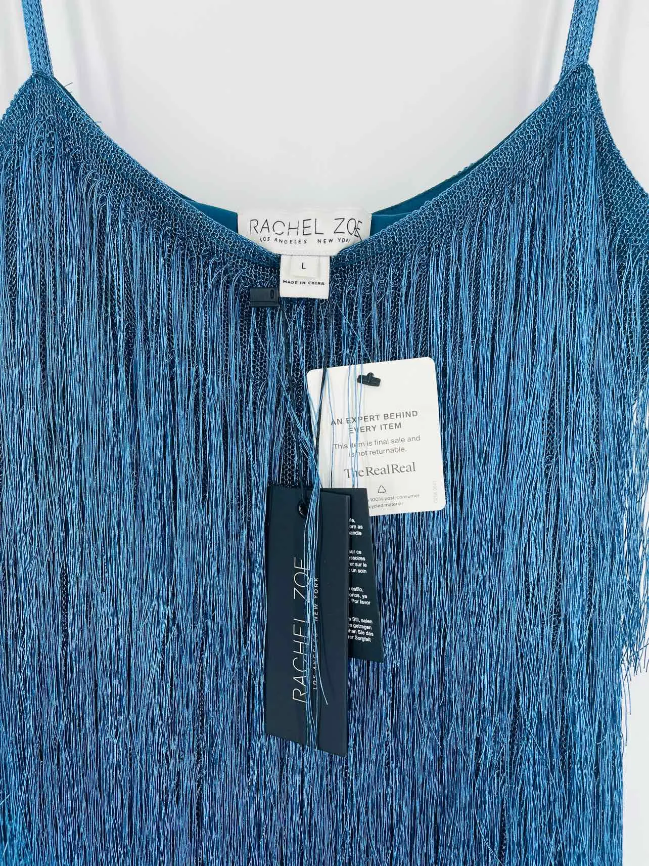 Rachel Zoe Size L Blue Metallic Fringe NEW Designer Dress