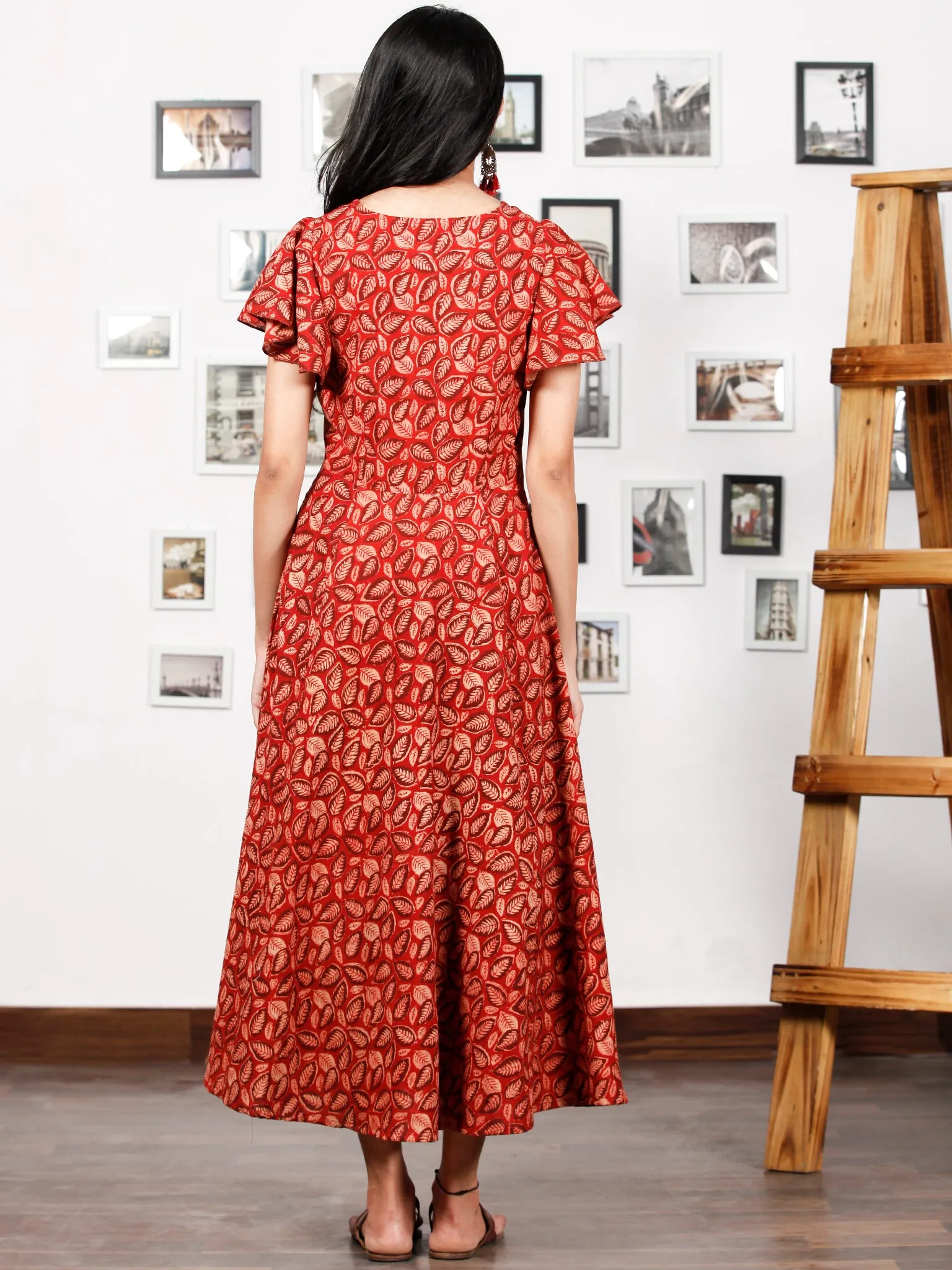 Red Beige Rust Hand Block Printed Cotton Angrakha Dress With Ruffle Sleeves - D273F1322