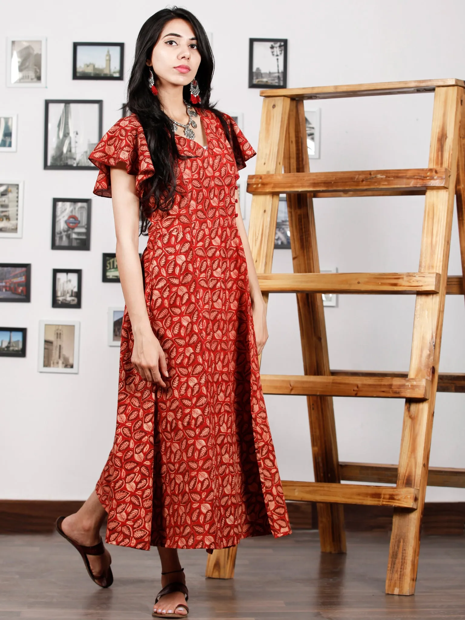 Red Beige Rust Hand Block Printed Cotton Angrakha Dress With Ruffle Sleeves - D273F1322