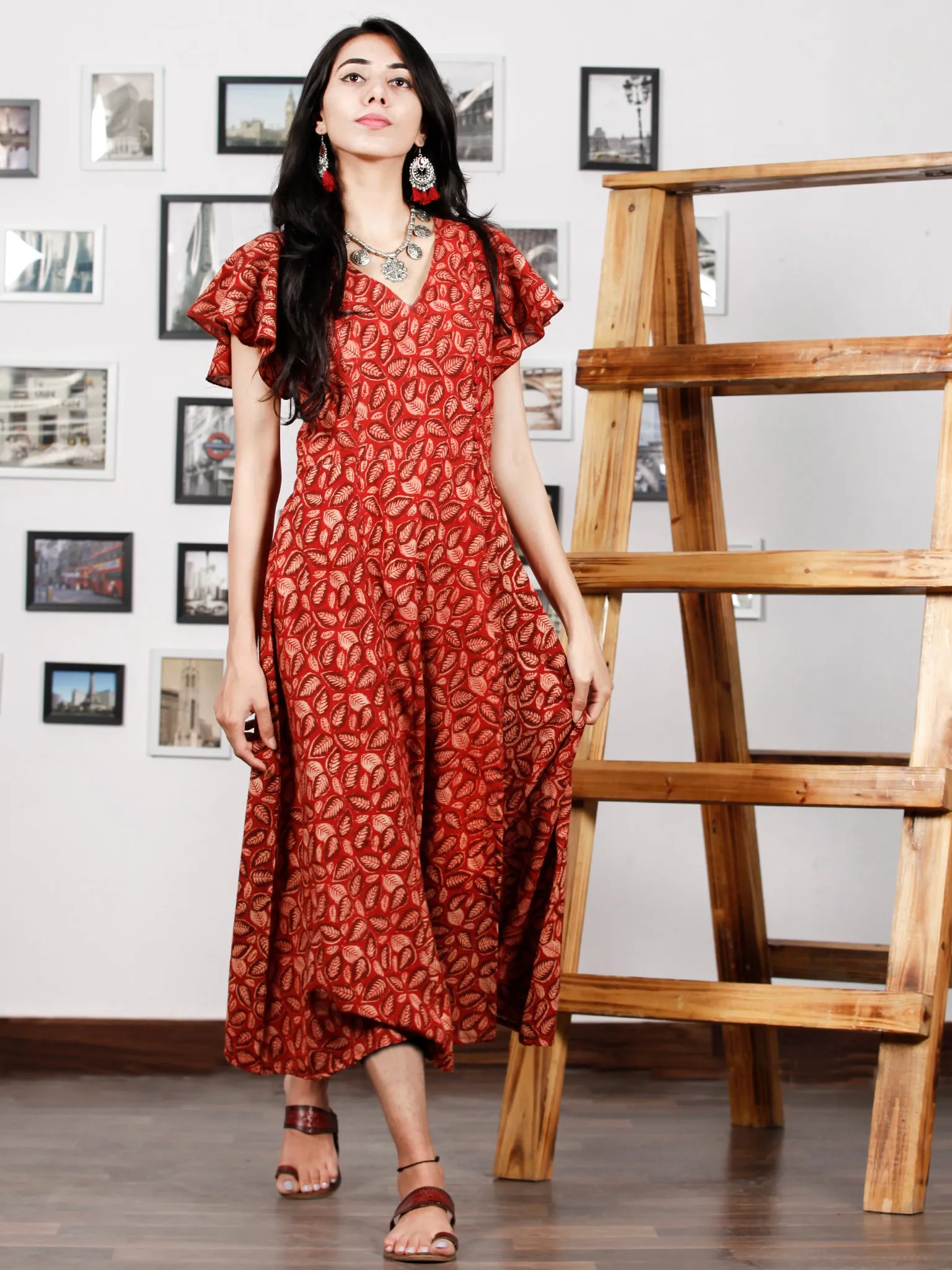 Red Beige Rust Hand Block Printed Cotton Angrakha Dress With Ruffle Sleeves - D273F1322