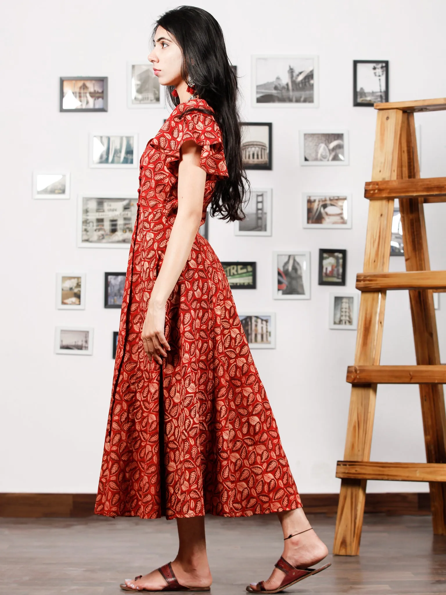Red Beige Rust Hand Block Printed Cotton Angrakha Dress With Ruffle Sleeves - D273F1322