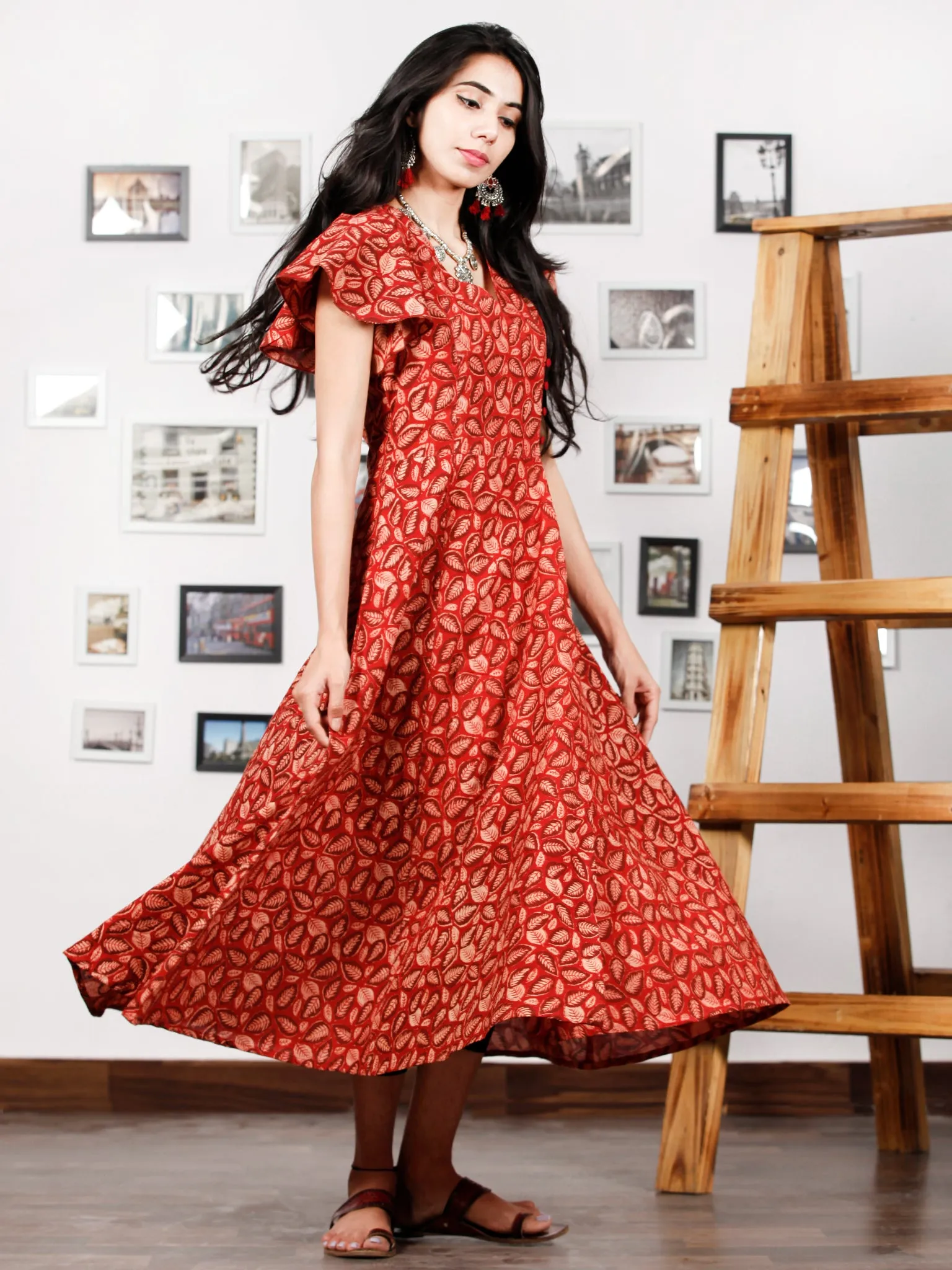Red Beige Rust Hand Block Printed Cotton Angrakha Dress With Ruffle Sleeves - D273F1322