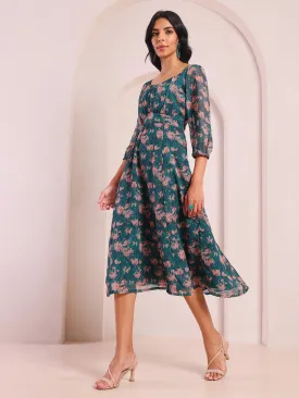 Regal Odyssey Printed Green Flared Dress