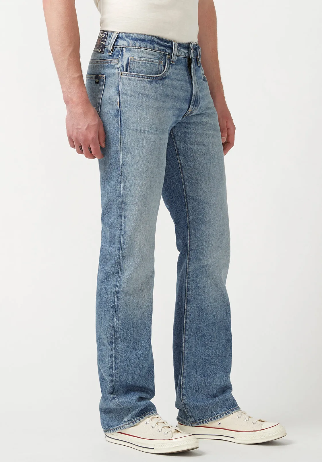 Mens Distressed Relaxed Bootcut Jeans in Whiskered Blue - Style BM22917