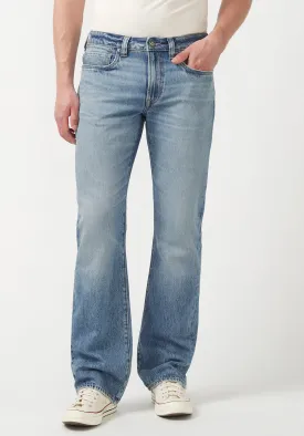 Mens Distressed Relaxed Bootcut Jeans in Whiskered Blue - Style BM22917