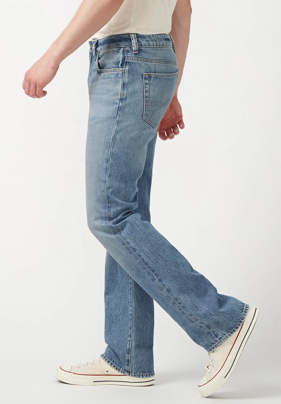 Mens Distressed Relaxed Bootcut Jeans in Whiskered Blue - Style BM22917