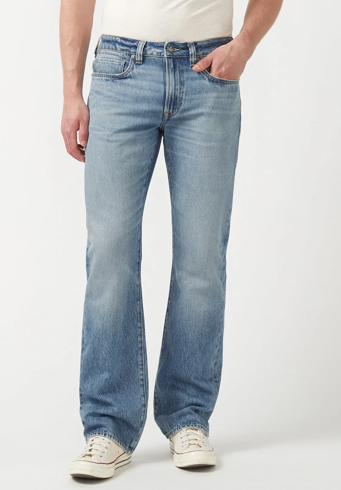 Mens Distressed Relaxed Bootcut Jeans in Whiskered Blue - Style BM22917