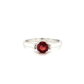 Round Garnet Ring with Two Side Round Diamonds in 14K White Gold