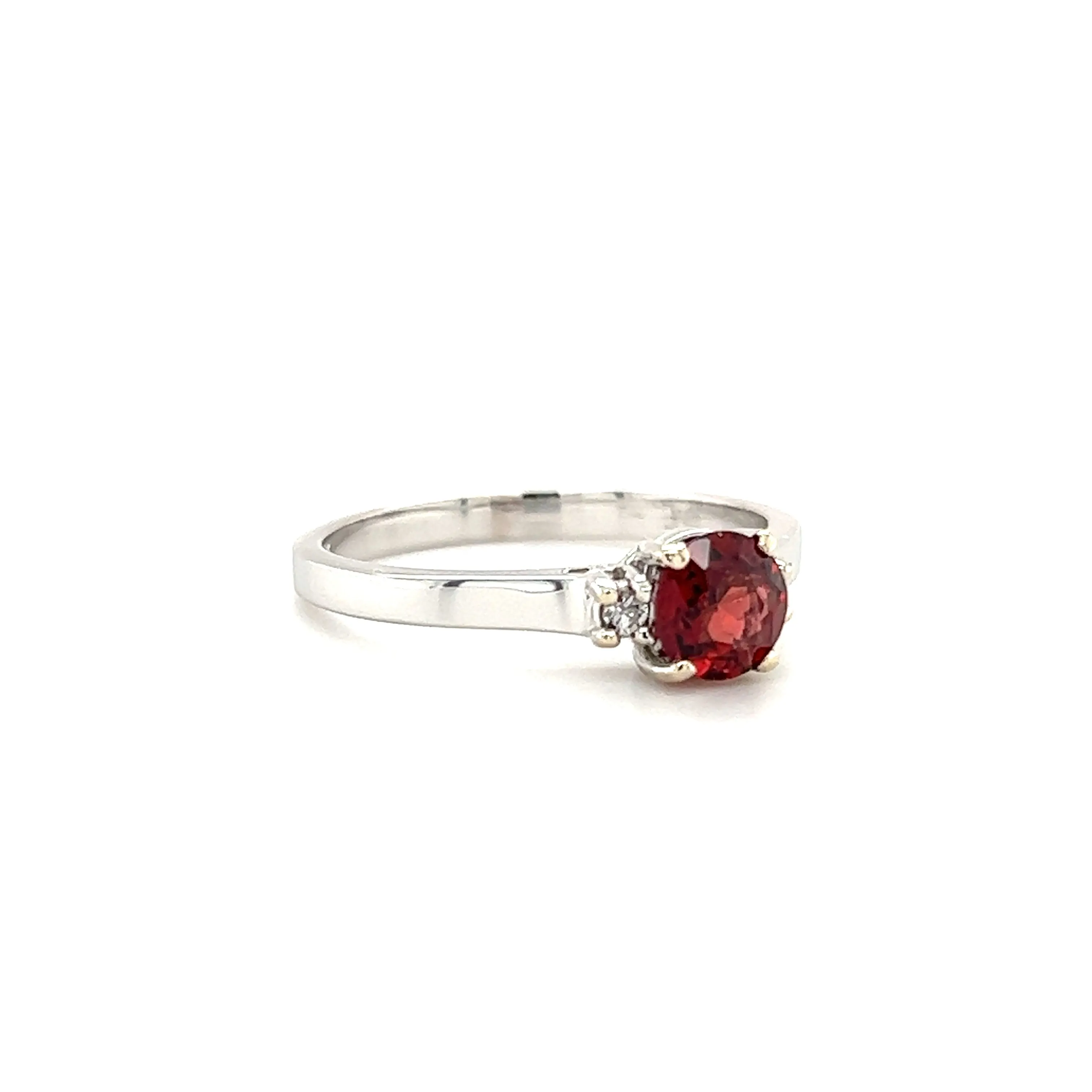 Round Garnet Ring with Two Side Round Diamonds in 14K White Gold