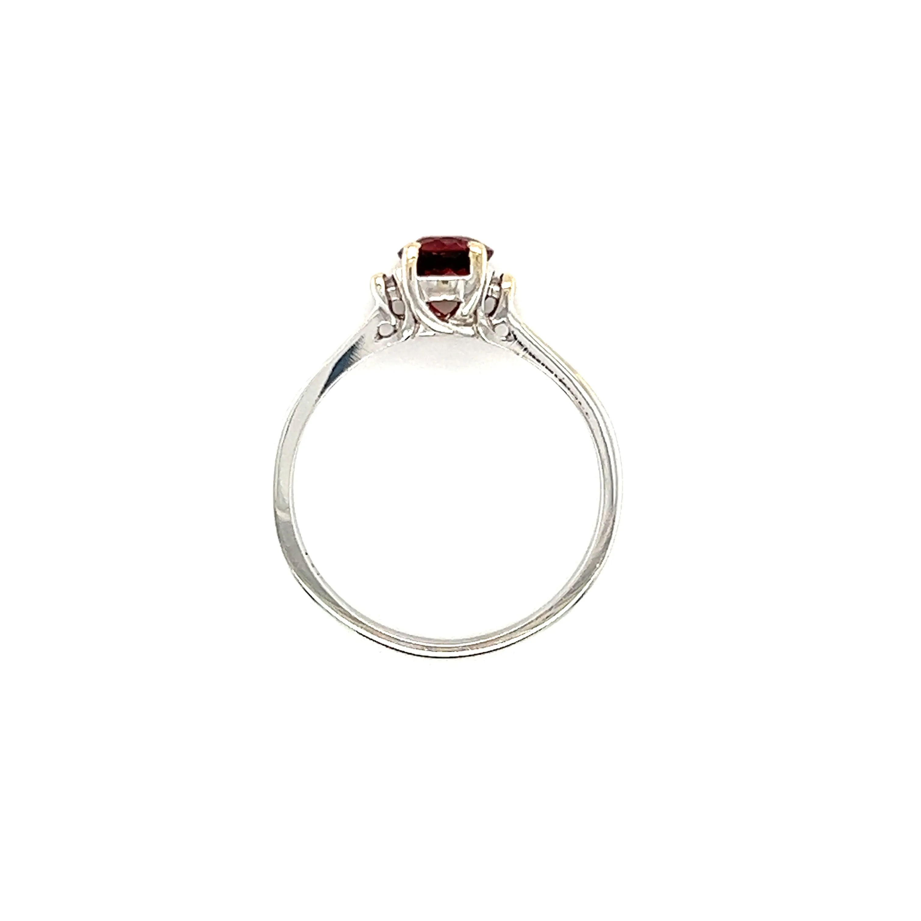Round Garnet Ring with Two Side Round Diamonds in 14K White Gold