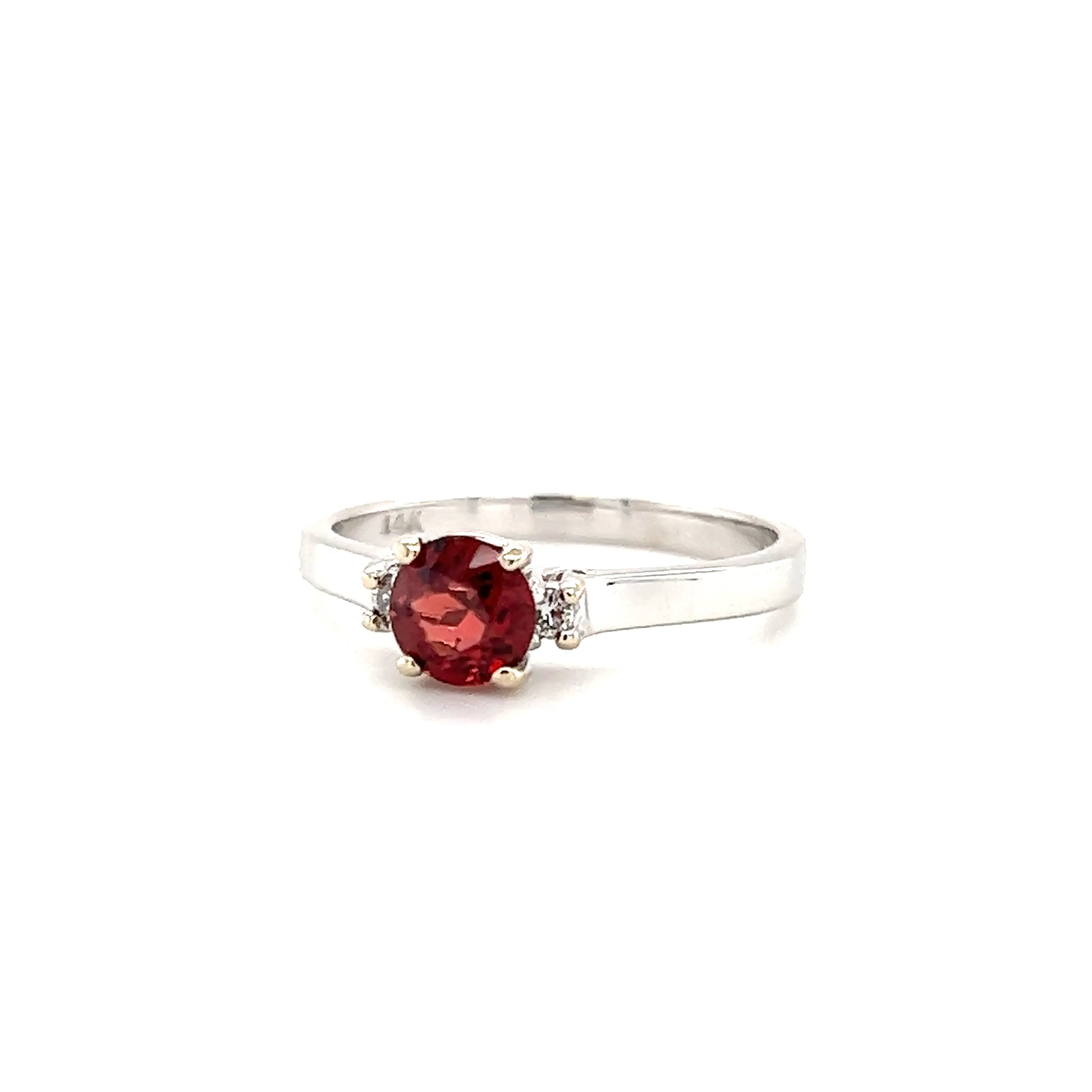 Round Garnet Ring with Two Side Round Diamonds in 14K White Gold