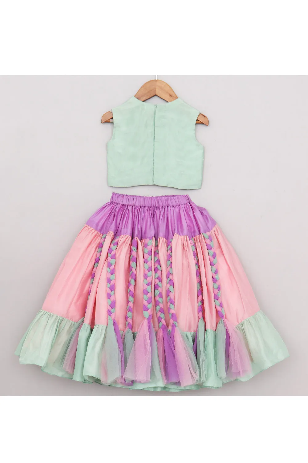 Sage Green Embroidered Top With Multicolor Braids Embroidered Lehenga Set