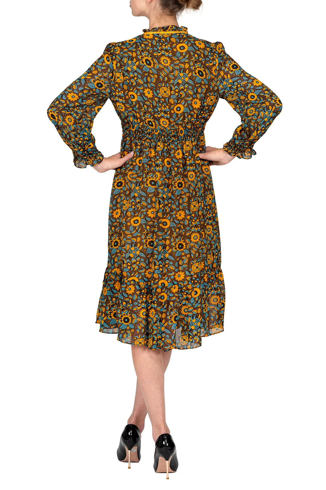 SCANDINAVIA-Long Sleeve Elastic Waist Fit & Flare Dress