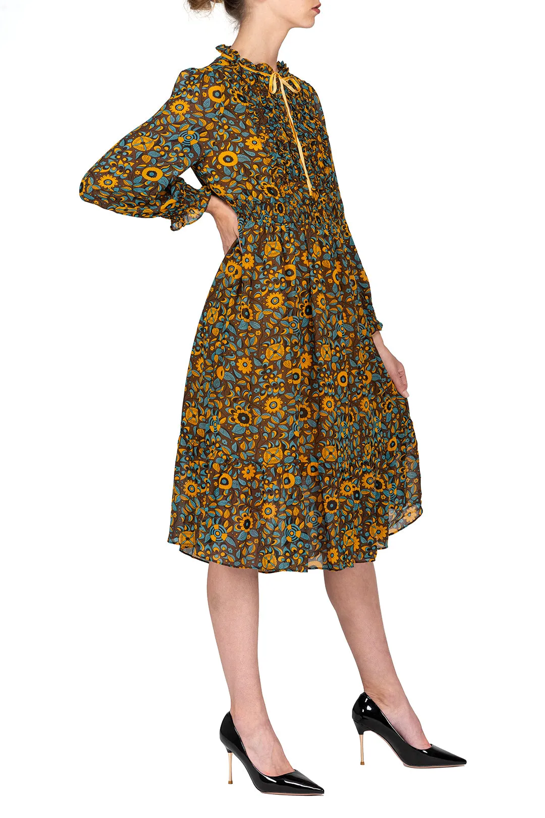 SCANDINAVIA-Long Sleeve Elastic Waist Fit & Flare Dress