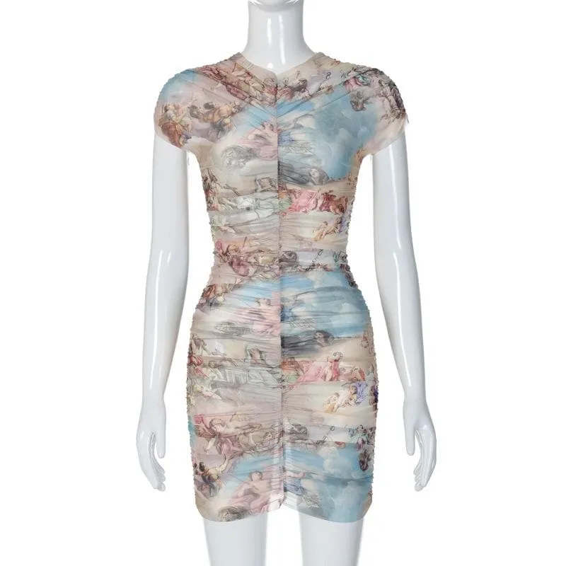 Sheer mesh see through abstract ruched short sleeve contrast mini dress
