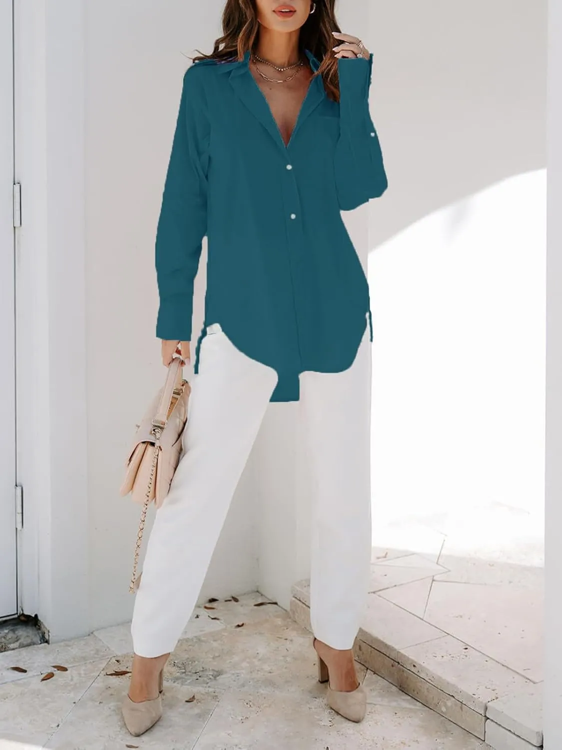 siliteelon Womens Button Down Shirts Dress Shirts Long Sleeve Blouses V Neck Solid Casual Tunics Tops with Pockets