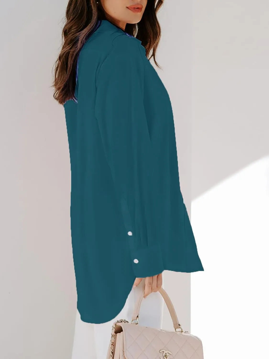 siliteelon Womens Button Down Shirts Dress Shirts Long Sleeve Blouses V Neck Solid Casual Tunics Tops with Pockets