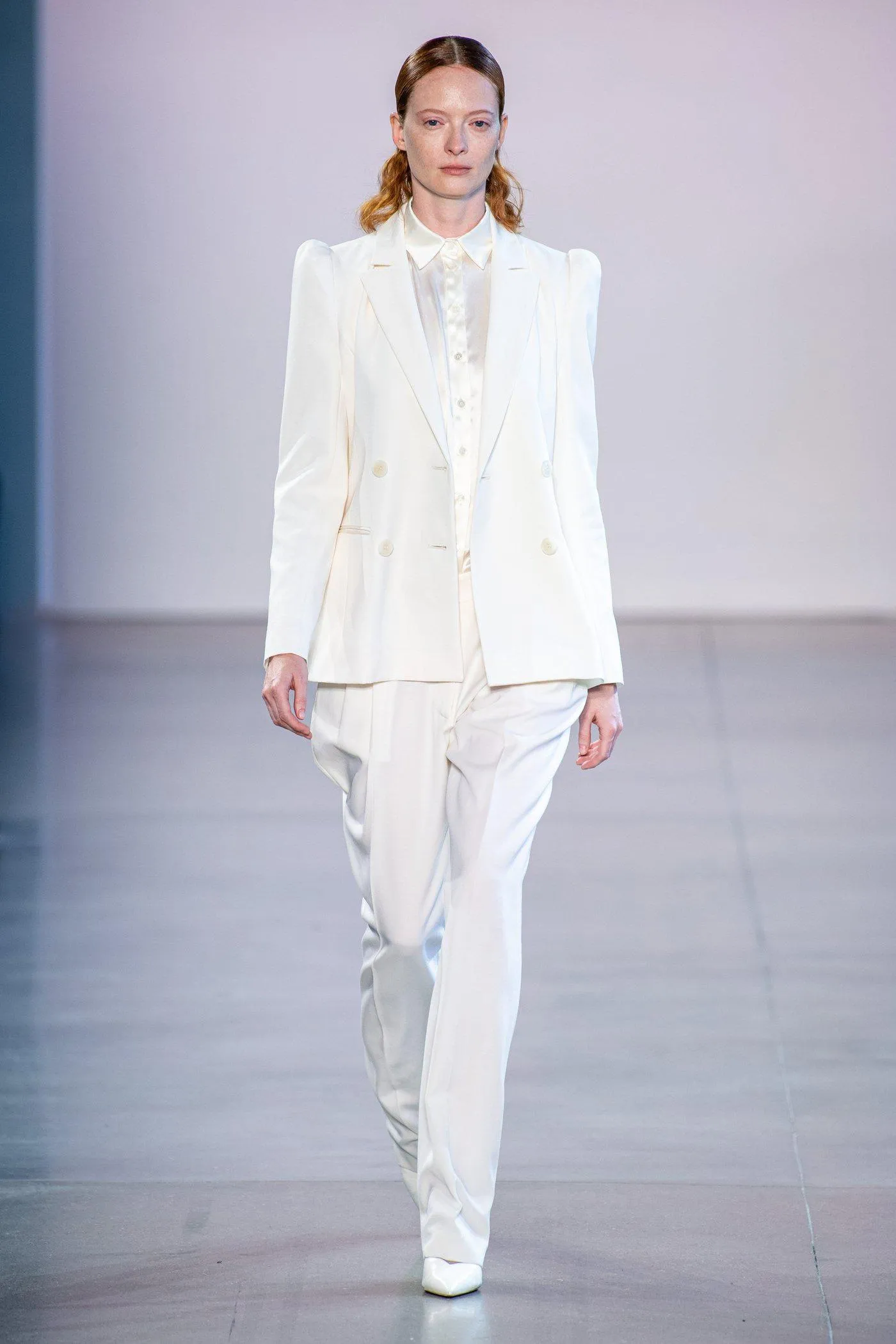 Silk satin charmeuse puffed sleeve blouse in winter white