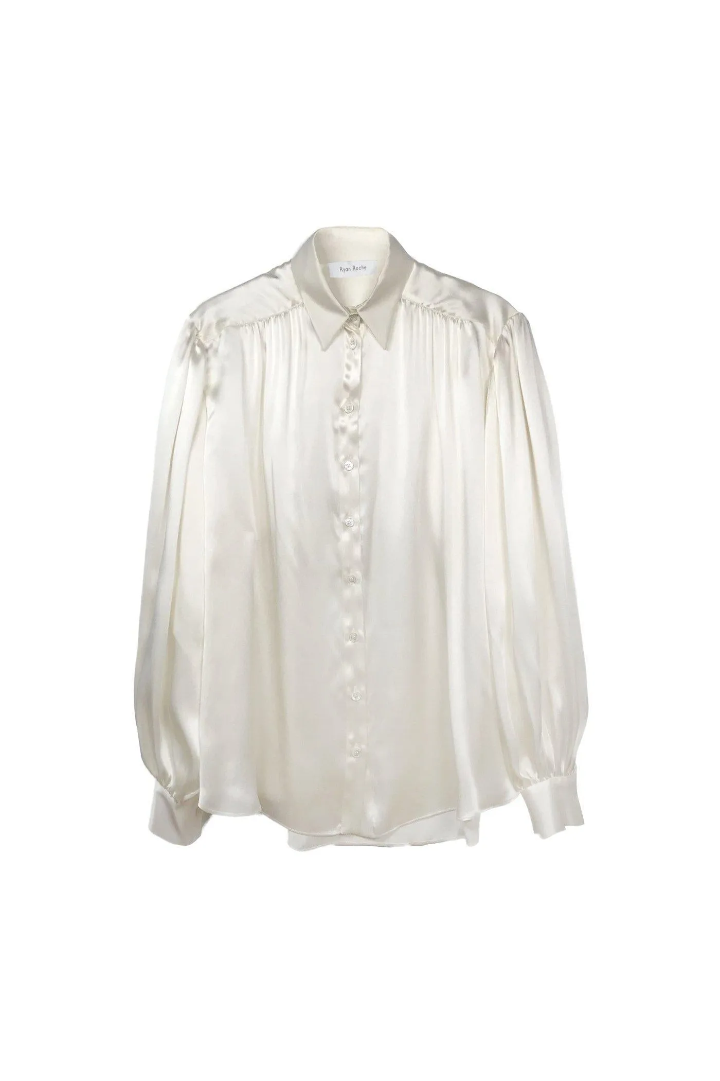 Silk satin charmeuse puffed sleeve blouse in winter white