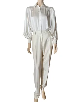 Silk satin charmeuse puffed sleeve blouse in winter white