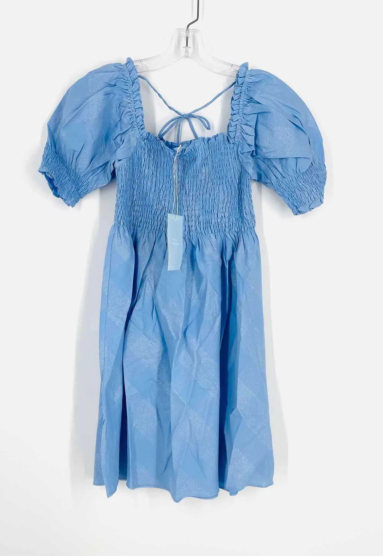 Size XS Lt Blue/Silver Smocked Plaid NEW Designer Dress