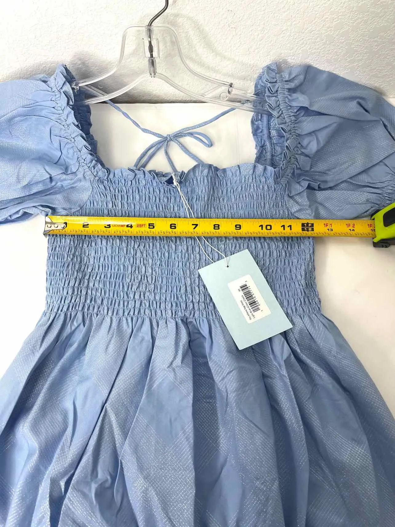 Size XS Lt Blue/Silver Smocked Plaid NEW Designer Dress