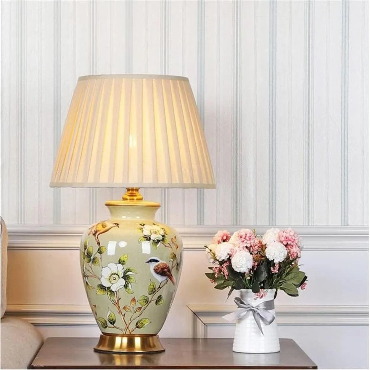 SONGBIRD FLORAL PATTERN CERAMIC TABLE LAMP