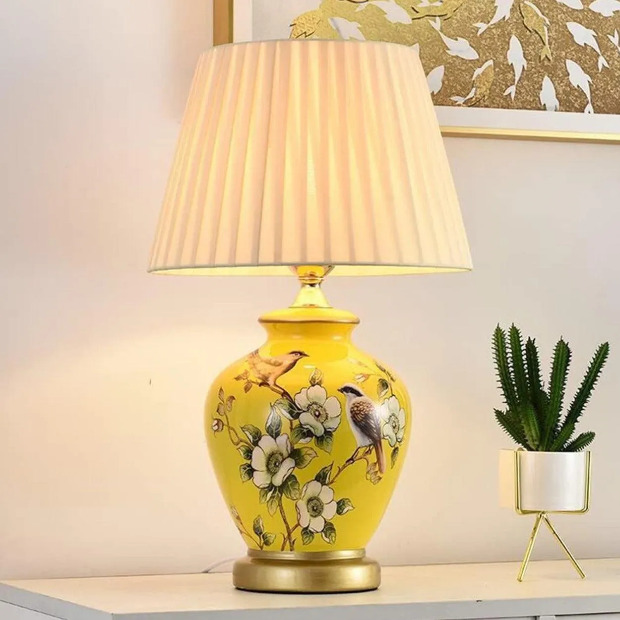SONGBIRD FLORAL PATTERN CERAMIC TABLE LAMP