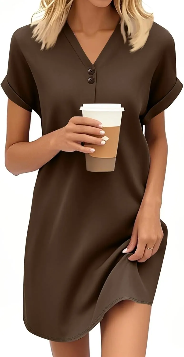 Summer Dresses for Women 2025 Plus Size Short Rolled Sleeve Comfort Pleated Button Button V Neck Print Dress
