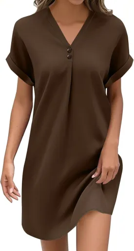 Summer Dresses for Women 2025 Plus Size Short Rolled Sleeve Comfort Pleated Button Button V Neck Print Dress
