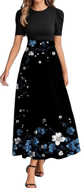 Summer Dresses for Women Flowy Patchwork Empire Waist Maxi Dress Tie Belted Floral Short Sleeve Elegant Dress