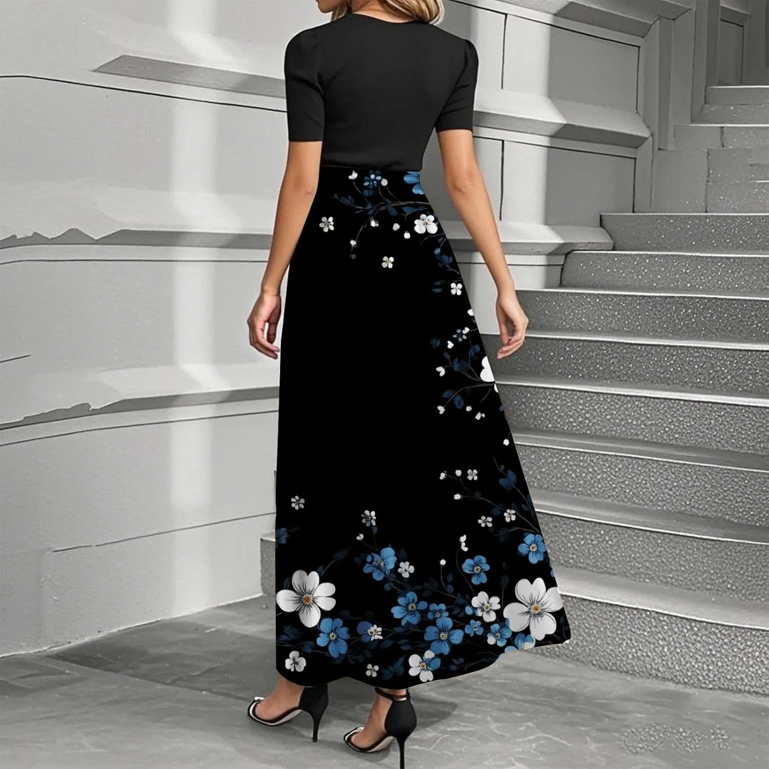 Summer Dresses for Women Flowy Patchwork Empire Waist Maxi Dress Tie Belted Floral Short Sleeve Elegant Dress