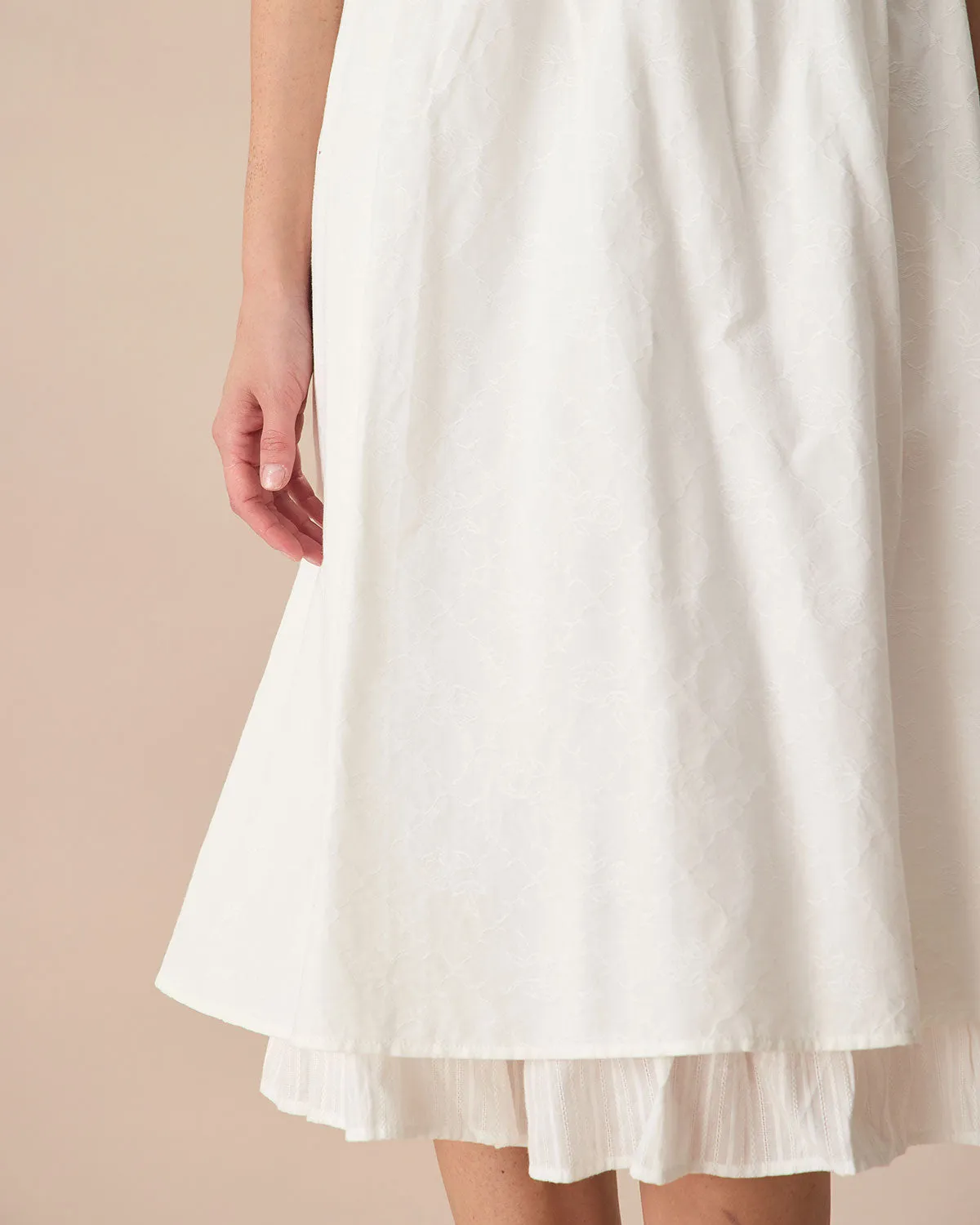 White Ruched Cotton Midi Dress with Slip Detail