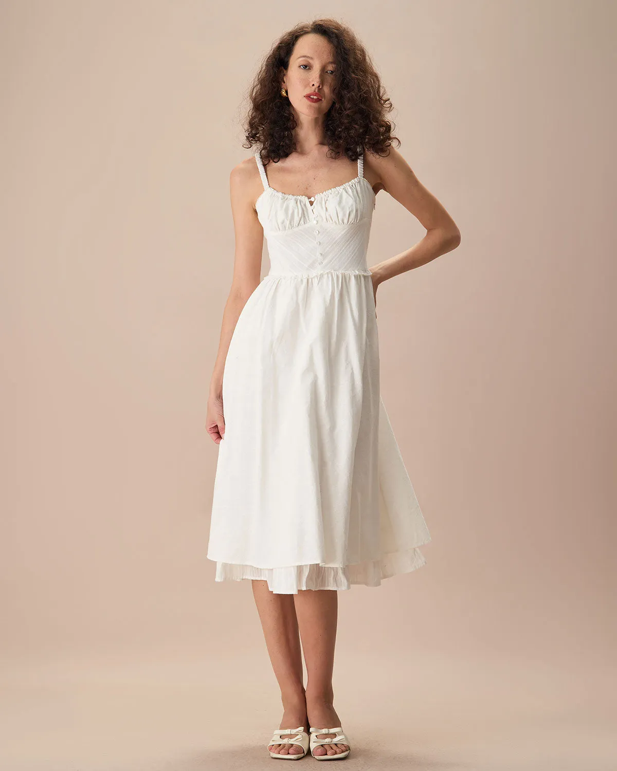 White Ruched Cotton Midi Dress with Slip Detail