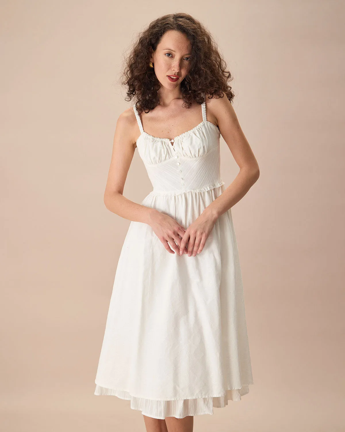 White Ruched Cotton Midi Dress with Slip Detail