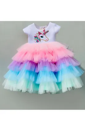 Unicorn embroidered multicolor layered dress