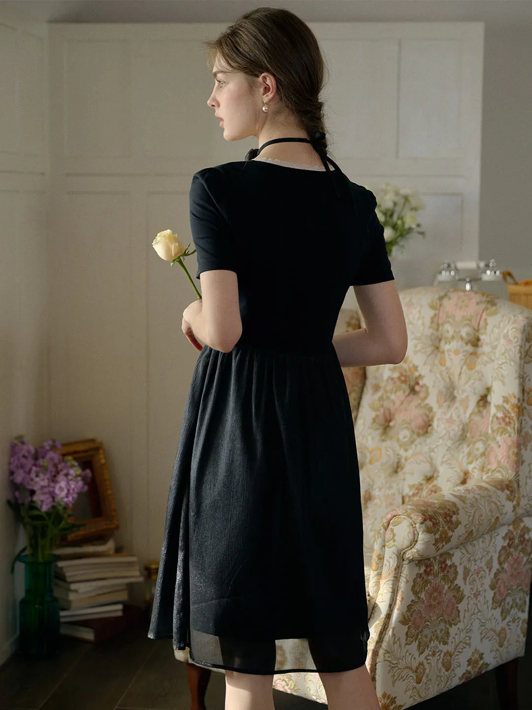Viviana Color Block Lace & Rhinestone-Studded Collar Dress (No Rose Choker)