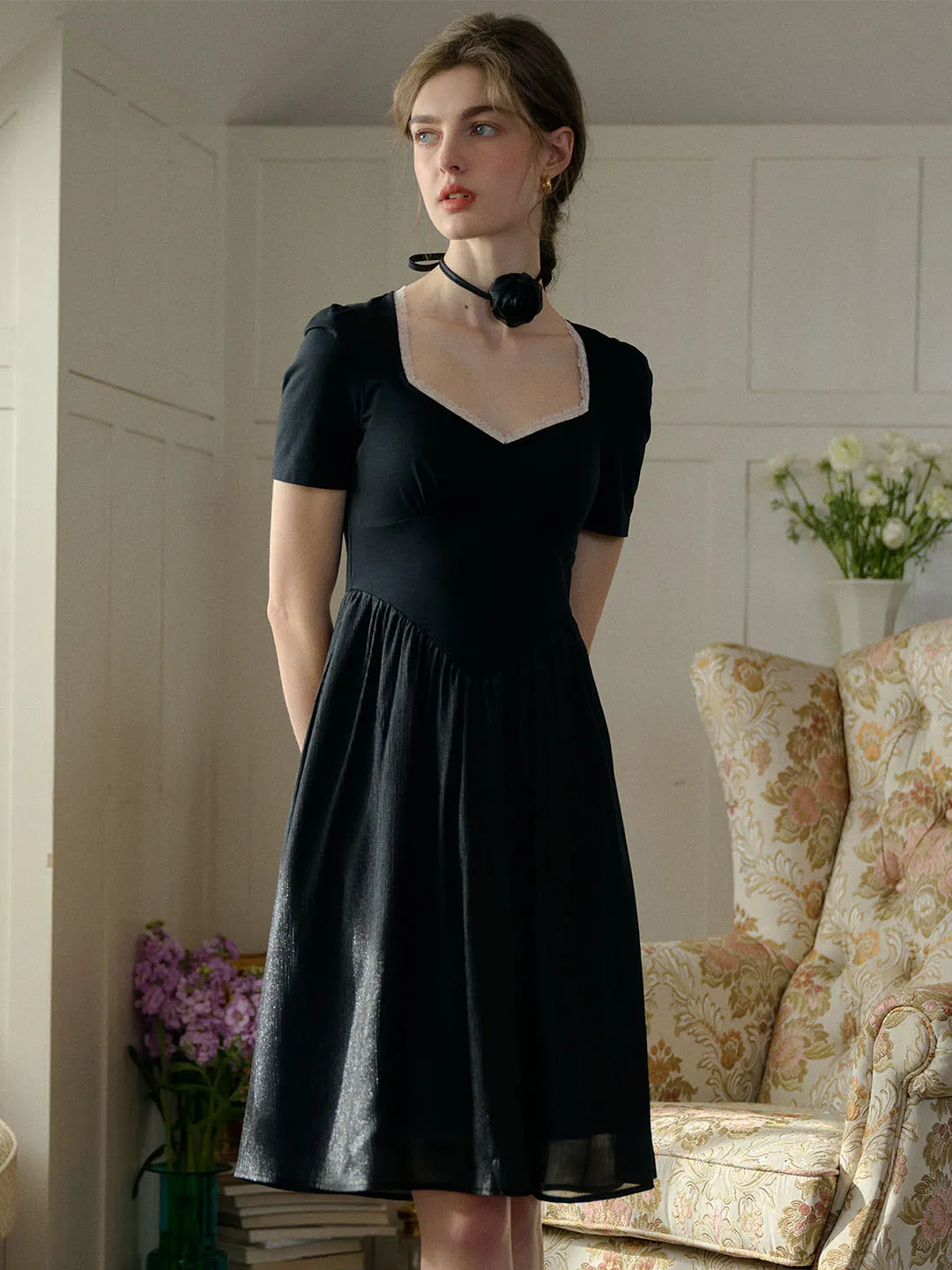 Viviana Color Block Lace & Rhinestone-Studded Collar Dress (No Rose Choker)