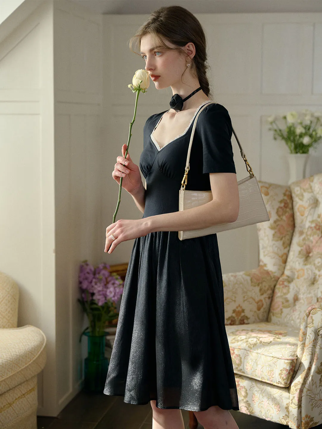 Viviana Color Block Lace & Rhinestone-Studded Collar Dress (No Rose Choker)