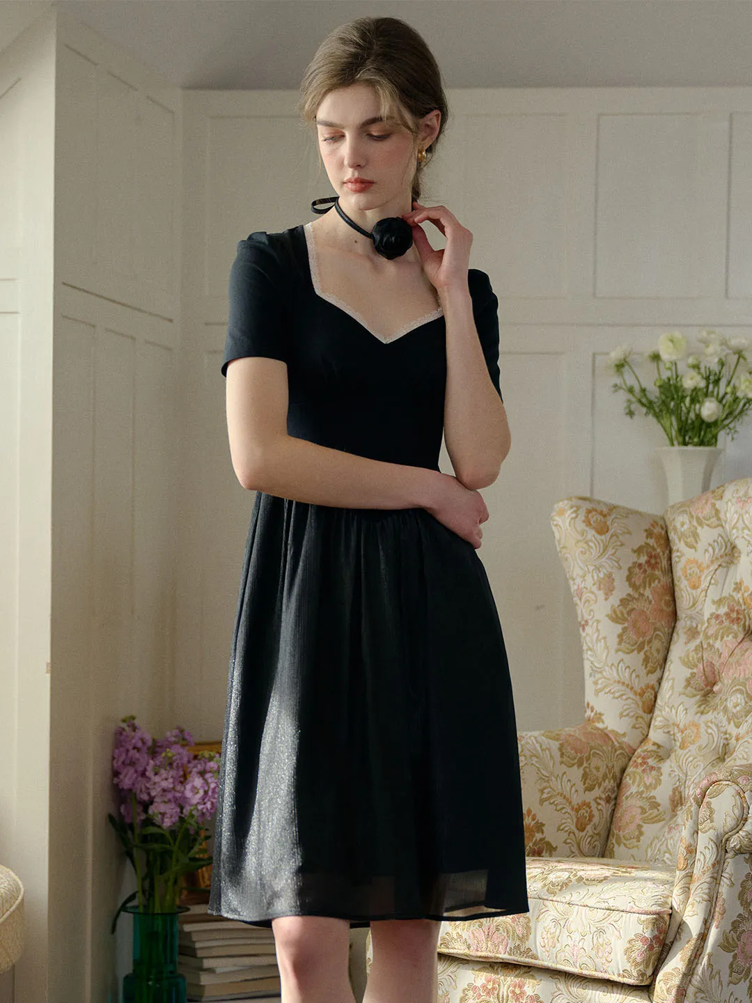 Viviana Color Block Lace & Rhinestone-Studded Collar Dress (No Rose Choker)