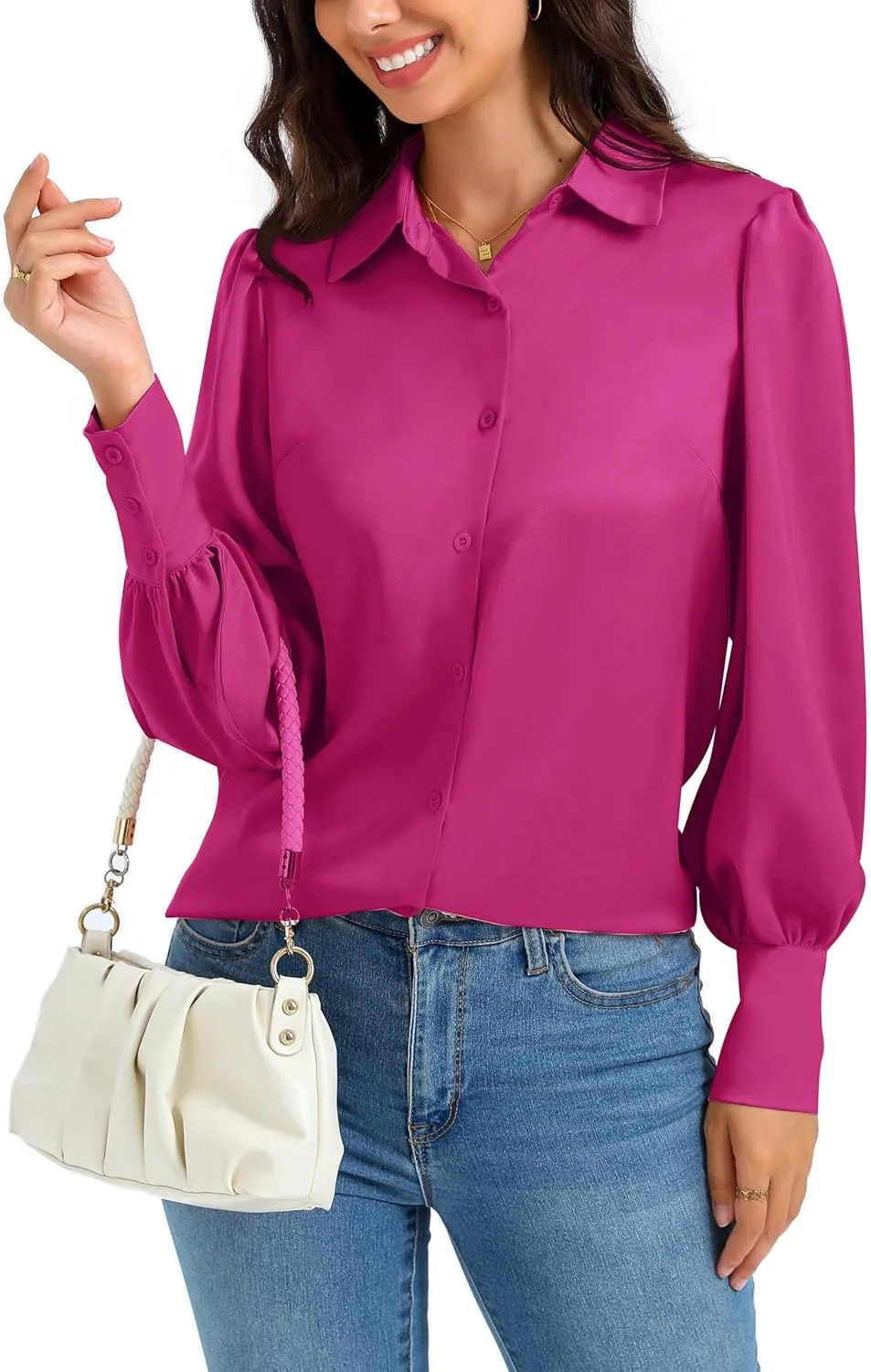 Women Satin Button Down Shirts Lantern Long Sleeve Silk Blouses Office Casual Business Silk Tops