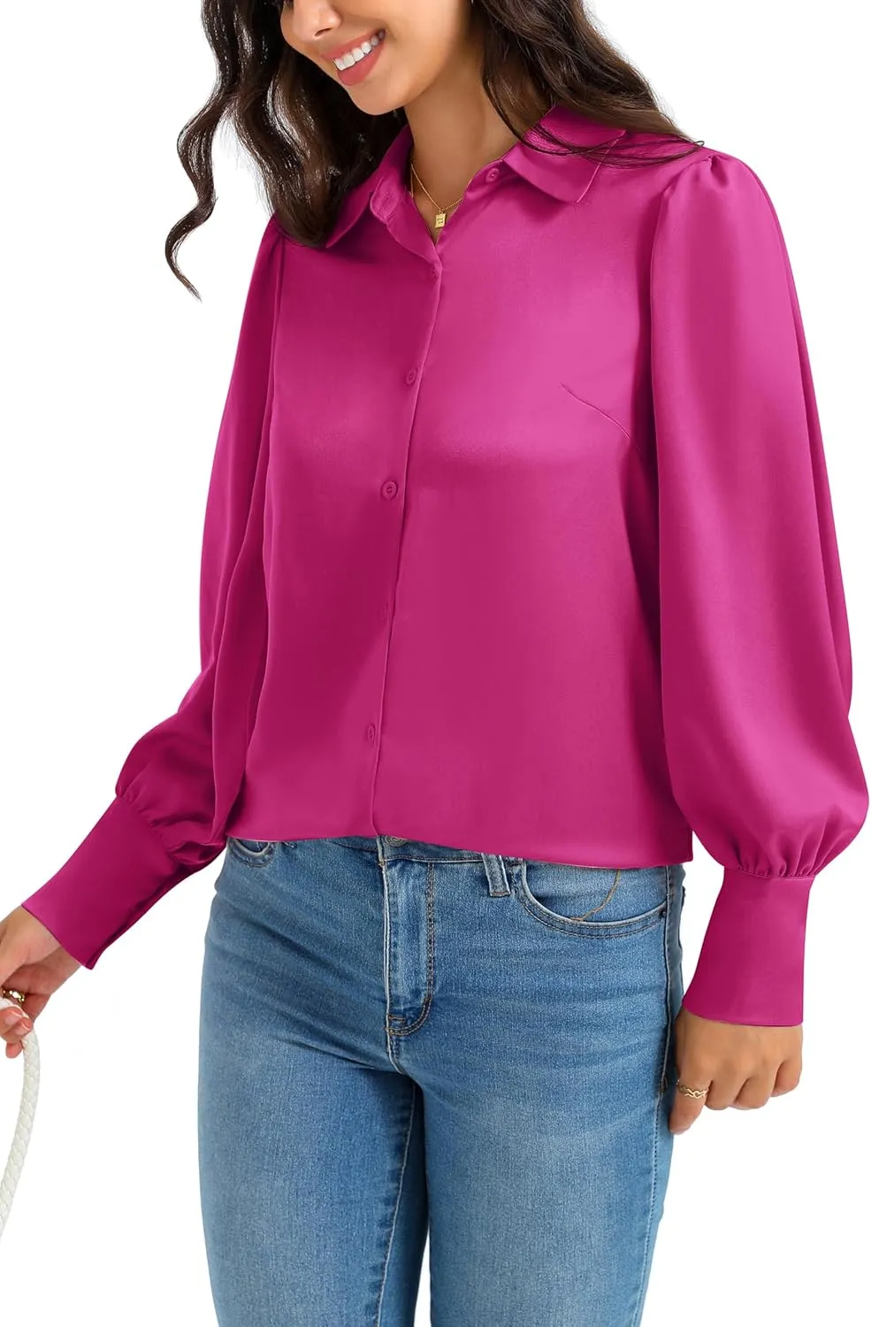 Women Satin Button Down Shirts Lantern Long Sleeve Silk Blouses Office Casual Business Silk Tops